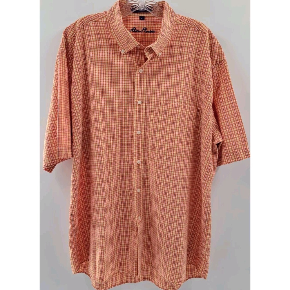 Alan Flusser‎ Short Sleeve Mens XL Button Up Seersucker Cotton Loose Fit Orange